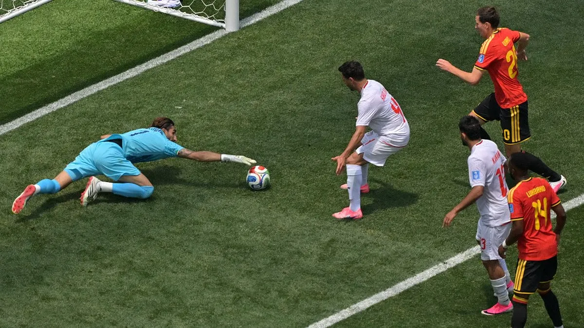 No.1 Iran keeper Alireza Beiranvand pulls off a vital save in the World Cup Group G clash of Belgium vs Iran in Inglewood, Calif.