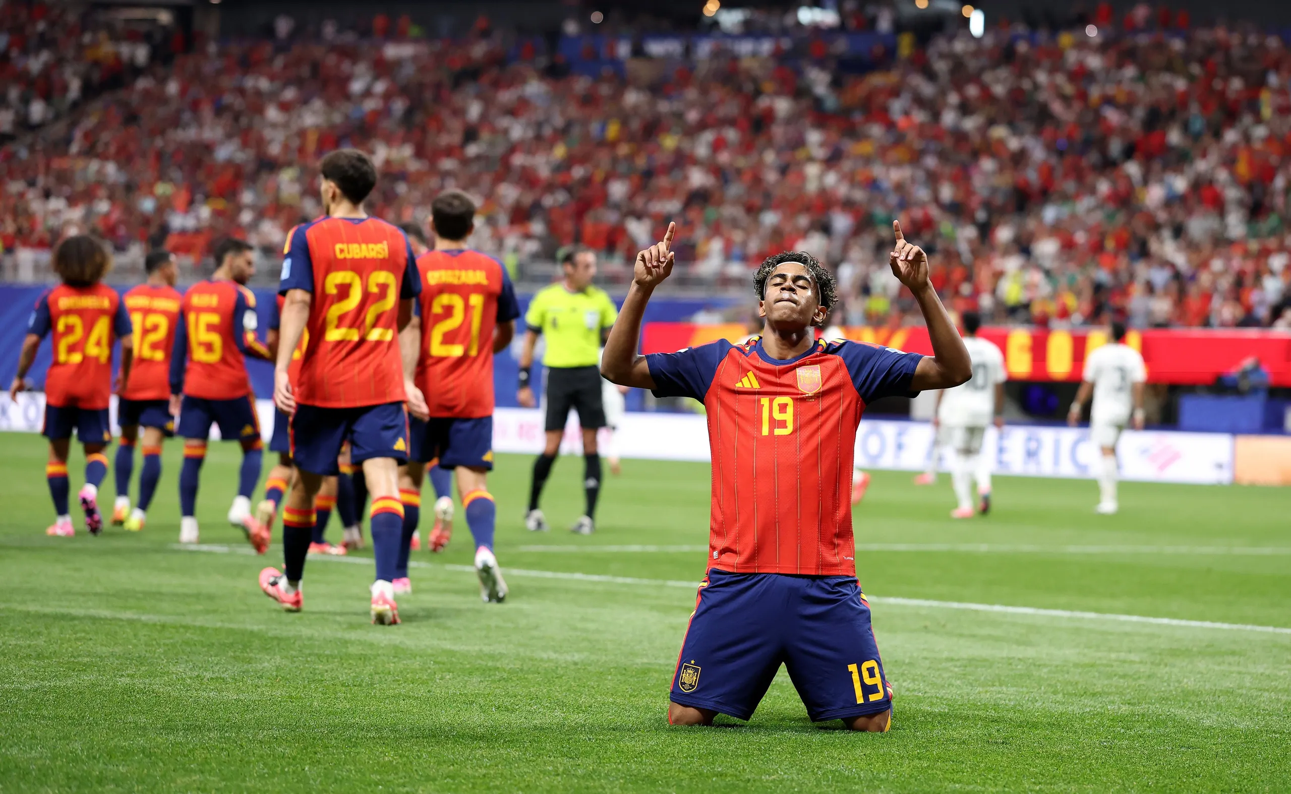 Spain claimed a dominant 4-0 victory over Saudi Arabia in Atlanta; Lamine Yamal notched his first-ever World Cup strike, and Mikel Oyarzabal scored two goals for the side.