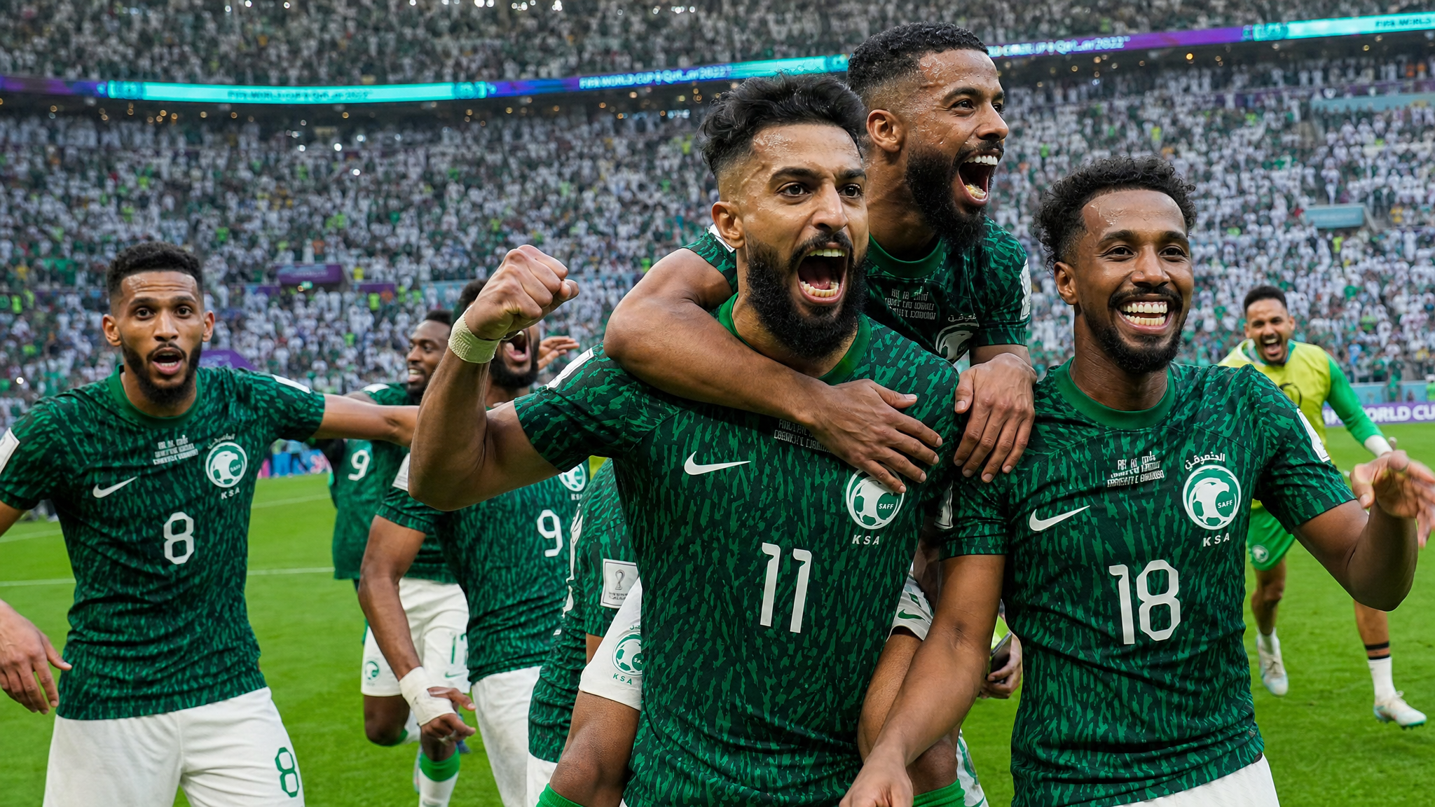 Saudi Arabia players celebrate their stunning 2-1 victory over Argentina at the 2022 World Cup — the biggest upset in modern tournament history.